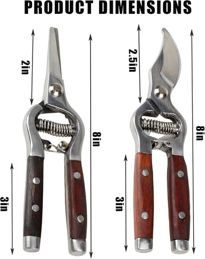 2 Pack Garden Pruning Shears for Gardening, Wood Steel Handle Bypass Pruning Shears for Gardening, Curved Straight Garden Shears, Gardening Tools for Plants Flowers Light Branches