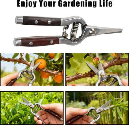 2 Pack Garden Pruning Shears for Gardening, Wood Steel Handle Bypass Pruning Shears for Gardening, Curved Straight Garden Shears, Gardening Tools for Plants Flowers Light Branches