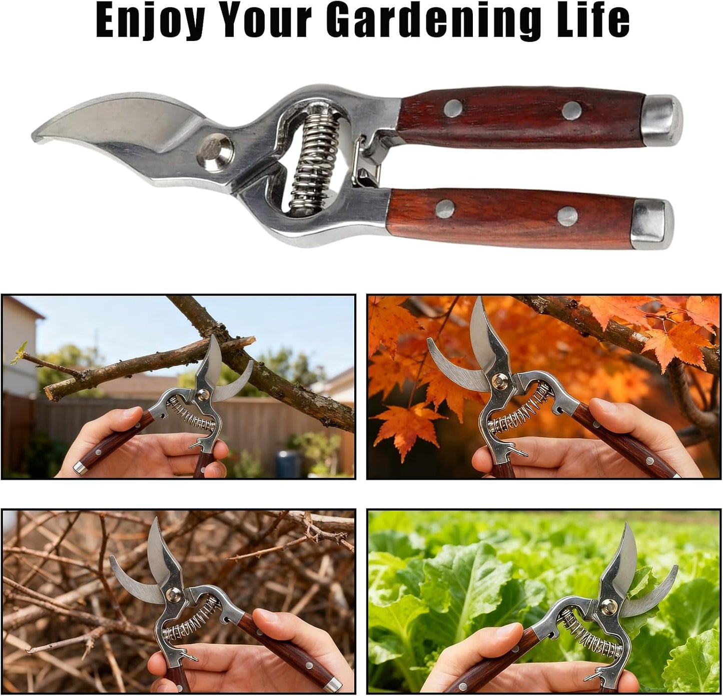 2 Pack Garden Pruning Shears for Gardening, Wood Steel Handle Bypass Pruning Shears for Gardening, Curved Straight Garden Shears, Gardening Tools for Plants Flowers Light Branches