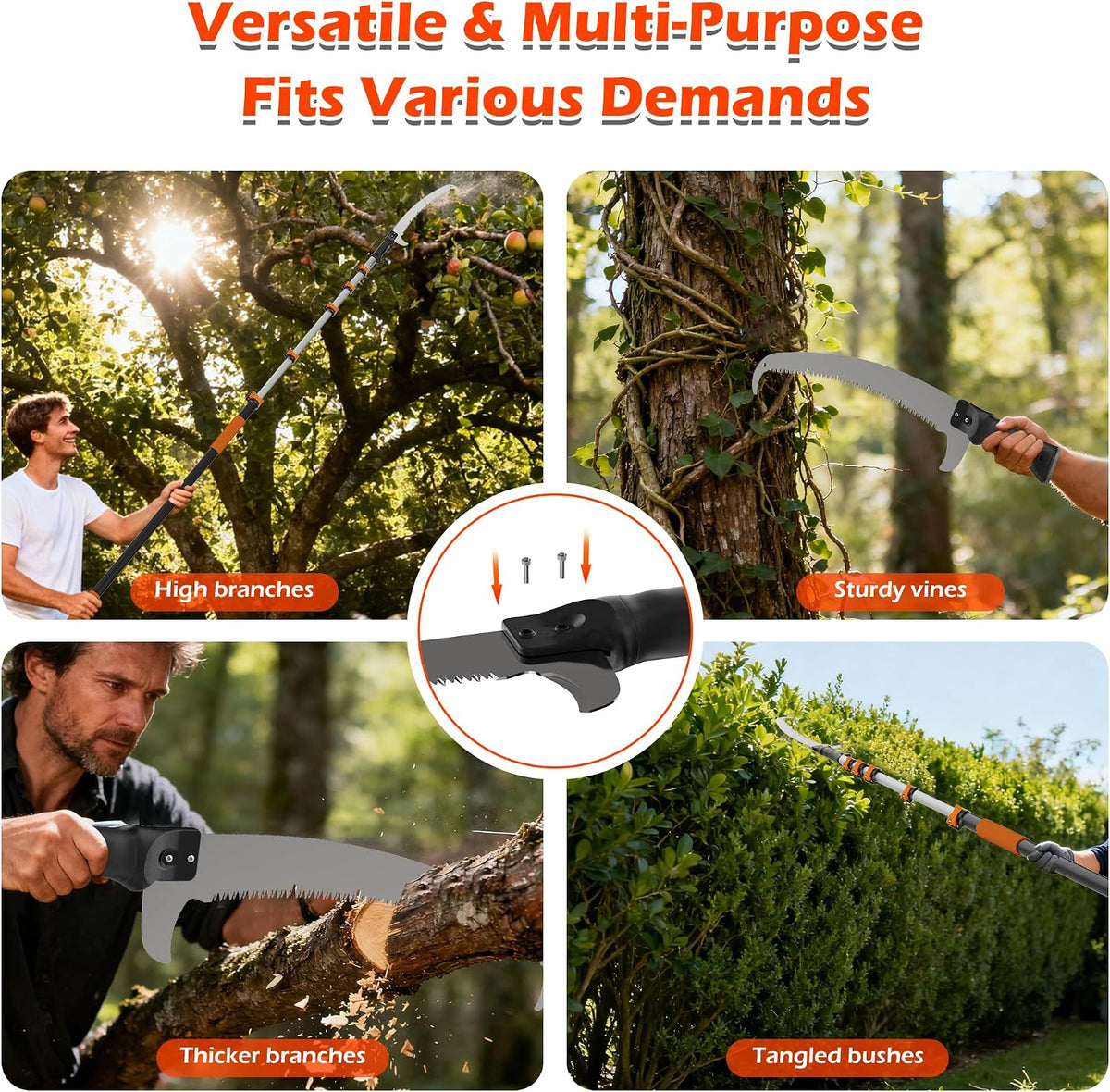 30FT Manual Pole Saw for Tree Trimming, 5-24FT Telescoping Extension Pole with Flip-Lock & Screw Dual Locking, 19" 3X Detachable Pruning Saw Head, Yard Maintenance Pruner for Garden Palms Shrubs