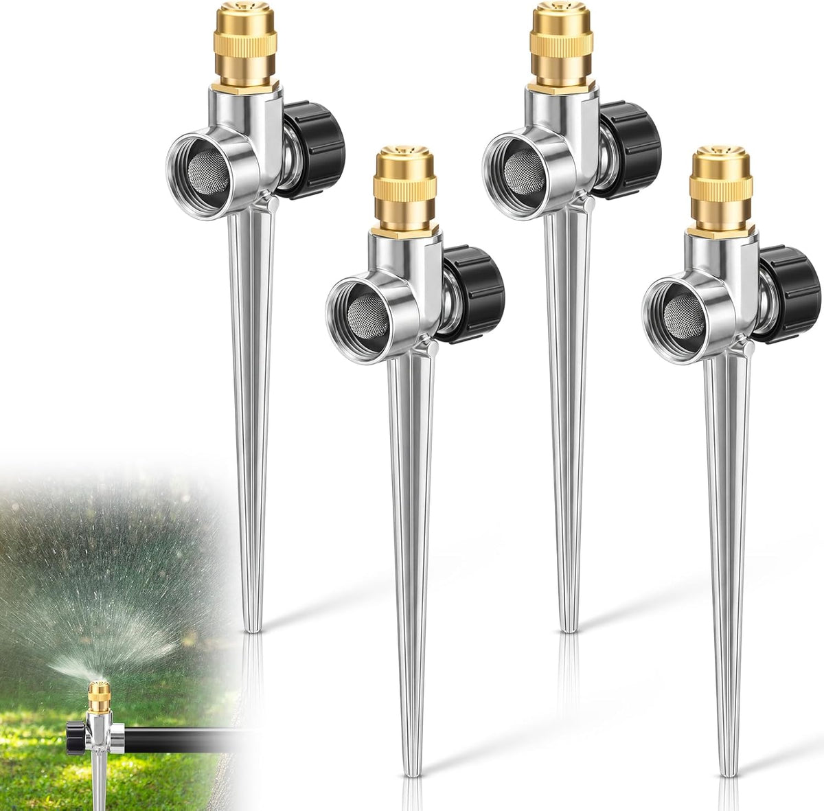 4 Pack Metal Lawn Sprinklers with Adjustable Brass Nozzle, Black