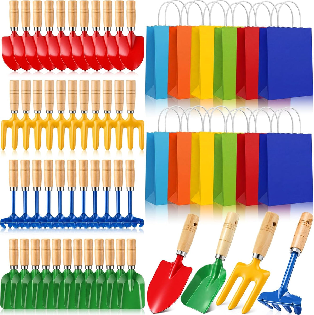 60 Pcs Kids Beach Sand Toy Gardening Tools Bulk Set Include Kids Beach Shovel Rake Fork Trowel and Gift Bags Metal Planting Tools with Wooden Handle for Planting Loosening Digging Outdoor