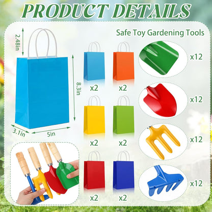 60 Pcs Kids Beach Sand Toy Gardening Tools Bulk Set Include Kids Beach Shovel Rake Fork Trowel and Gift Bags Metal Planting Tools with Wooden Handle for Planting Loosening Digging Outdoor
