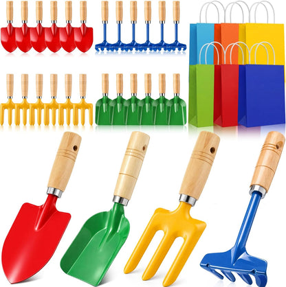 60 Pcs Kids Beach Sand Toy Gardening Tools Bulk Set Include Kids Beach Shovel Rake Fork Trowel and Gift Bags Metal Planting Tools with Wooden Handle for Planting Loosening Digging Outdoor