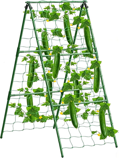 Updated A-Frame Cucumber Trellis for Raised Beds, Adjustable Size Garden Trellis for Climbing Plant Outdoors with Climbing Net and Plant Support Clip for Vegetable Grape Tomato Garden Supplies