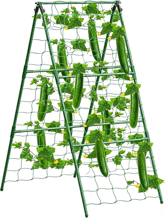 Updated A-Frame Cucumber Trellis for Raised Beds, Adjustable Size Garden Trellis for Climbing Plant Outdoors with Climbing Net and Plant Support Clip for Vegetable Grape Tomato Garden Supplies
