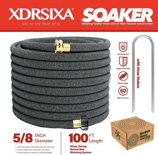 Soaker Hose 5/8 Inch 100FT Heavy Duty, Slow Release Drip Irrigation for Large Farms, Acreage & Sprawling Gardens, Leak-Proof