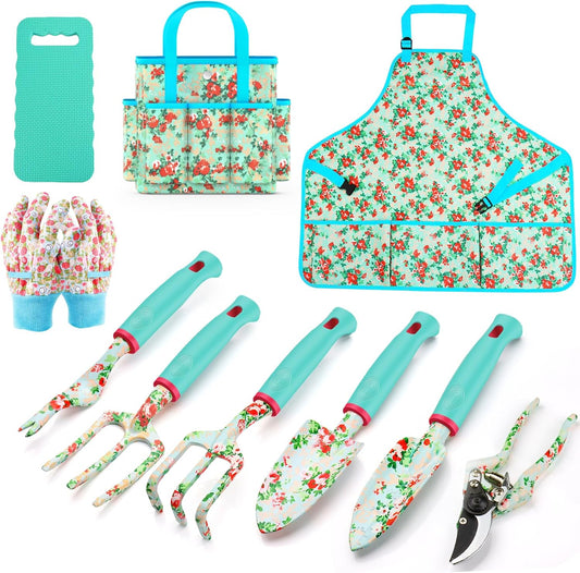 Garden Tools Set, 10 PCS Heavy Duty Gardening Tools Includes Hand Trowel Rake Weeder Pruner, Gardening Gifts for Women, Garden Kit with Tote Bag, Apron, Gloves, Kneeling Pad
