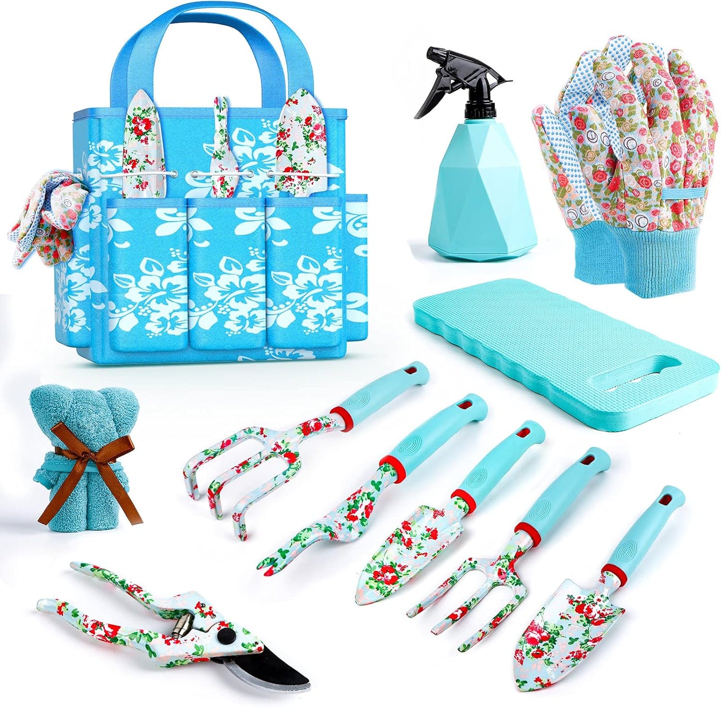 Garden Tools Set, 10 PCS Heavy Duty Gardening Tools Includes Hand Trowel Rake Weeder Pruner, Gardening Gifts for Women, Garden Kit with Tote Bag, Apron, Gloves, Kneeling Pad