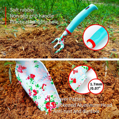 Garden Tools Set, 10 PCS Heavy Duty Gardening Tools Includes Hand Trowel Rake Weeder Pruner, Gardening Gifts for Women, Garden Kit with Tote Bag, Apron, Gloves, Kneeling Pad