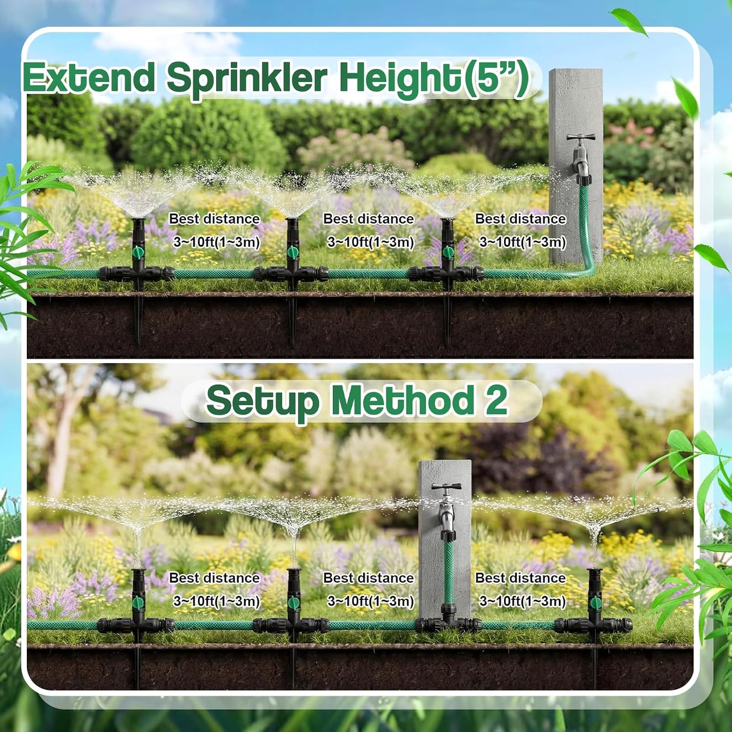 4 Sets Above Ground Sprinkler System for Yard Garden Watering Irrigation System Included 59ft Hose Sprinkler DIY Multi-adjustable Flex Irrigation Kit for Garden Raise Bed Lawn Outdoor Plants