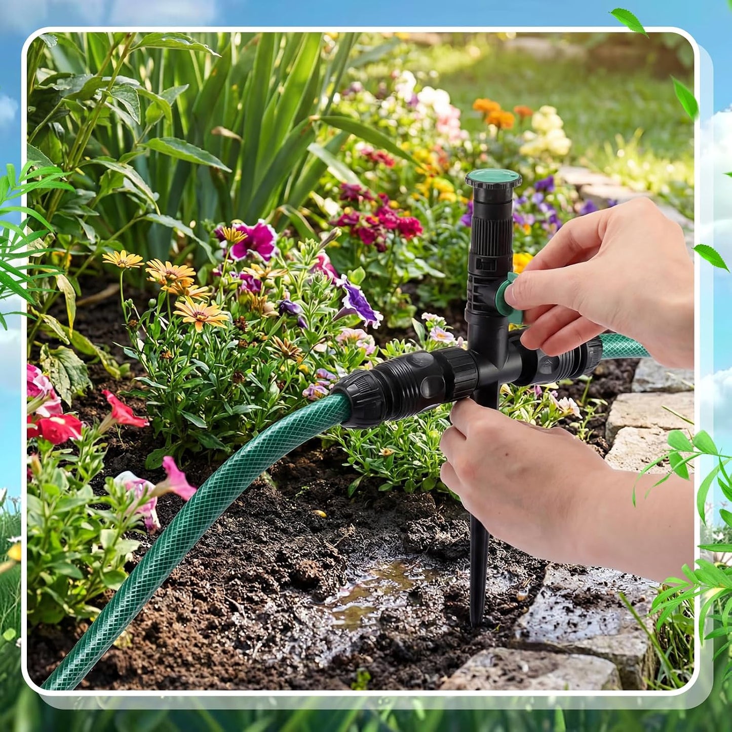 4 Sets Above Ground Sprinkler System for Yard Garden Watering Irrigation System Included 59ft Hose Sprinkler DIY Multi-adjustable Flex Irrigation Kit for Garden Raise Bed Lawn Outdoor Plants