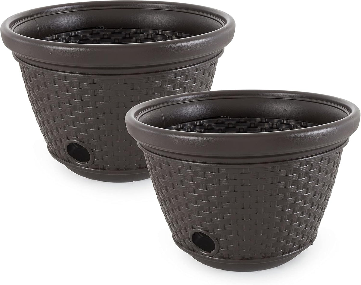2 Pack Decorative Wicker Garden Hose Holder Pot with 4 Drain Holes for 100 Foot Hoses, Java