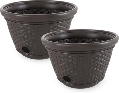 2 Pack Decorative Wicker Garden Hose Holder Pot with 4 Drain Holes for 100 Foot Hoses, Java