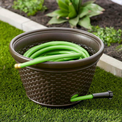 2 Pack Decorative Wicker Garden Hose Holder Pot with 4 Drain Holes for 100 Foot Hoses, Java