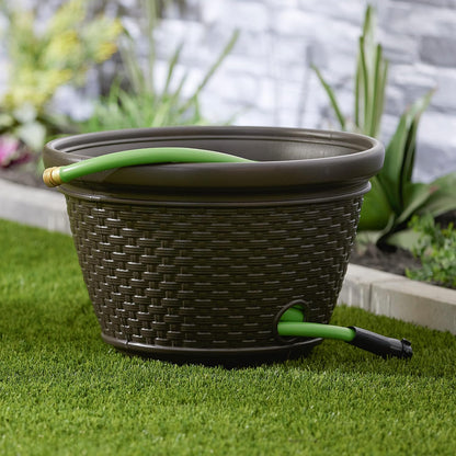 2 Pack Decorative Wicker Garden Hose Holder Pot with 4 Drain Holes for 100 Foot Hoses, Java