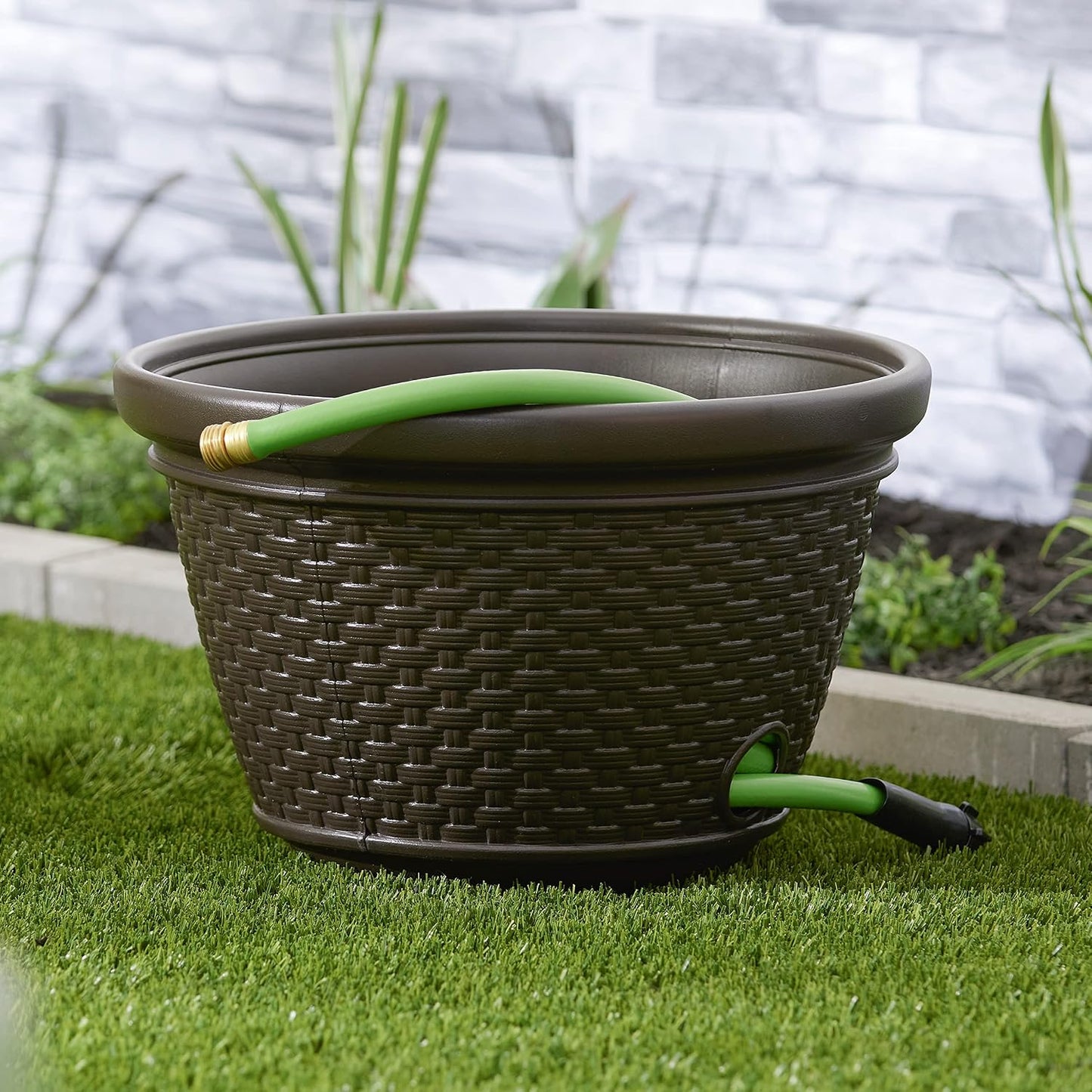 2 Pack Decorative Wicker Garden Hose Holder Pot with 4 Drain Holes for 100 Foot Hoses, Java