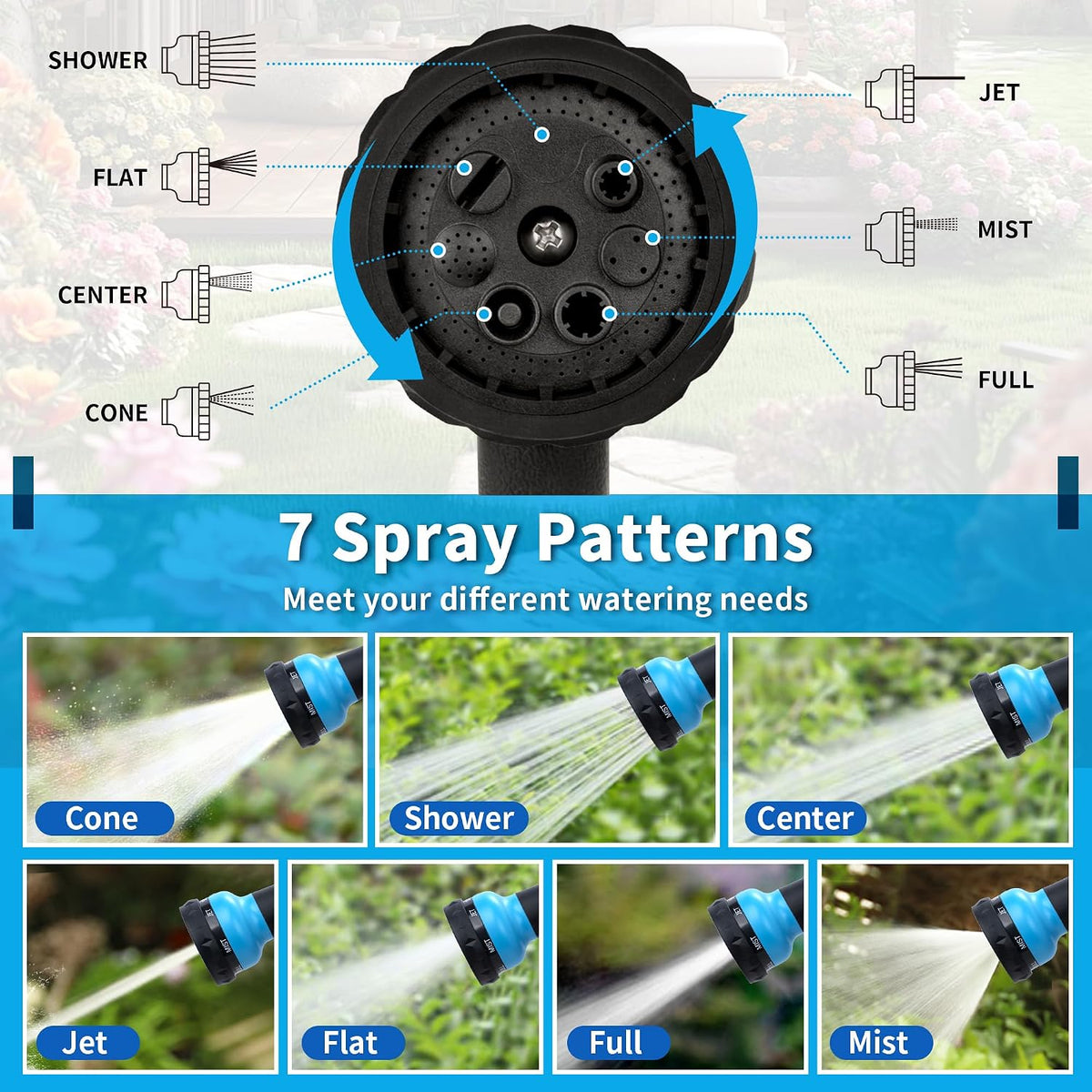 Garden Hose Nozzle Sprayer - 7 Adjustable Watering Patterns Nozzle for Water Hose, Non-Slip Garden Spray Nozzle Hose Attachment for Car Washing, Watering Plants, Pets Showering,Lawns Cleaning