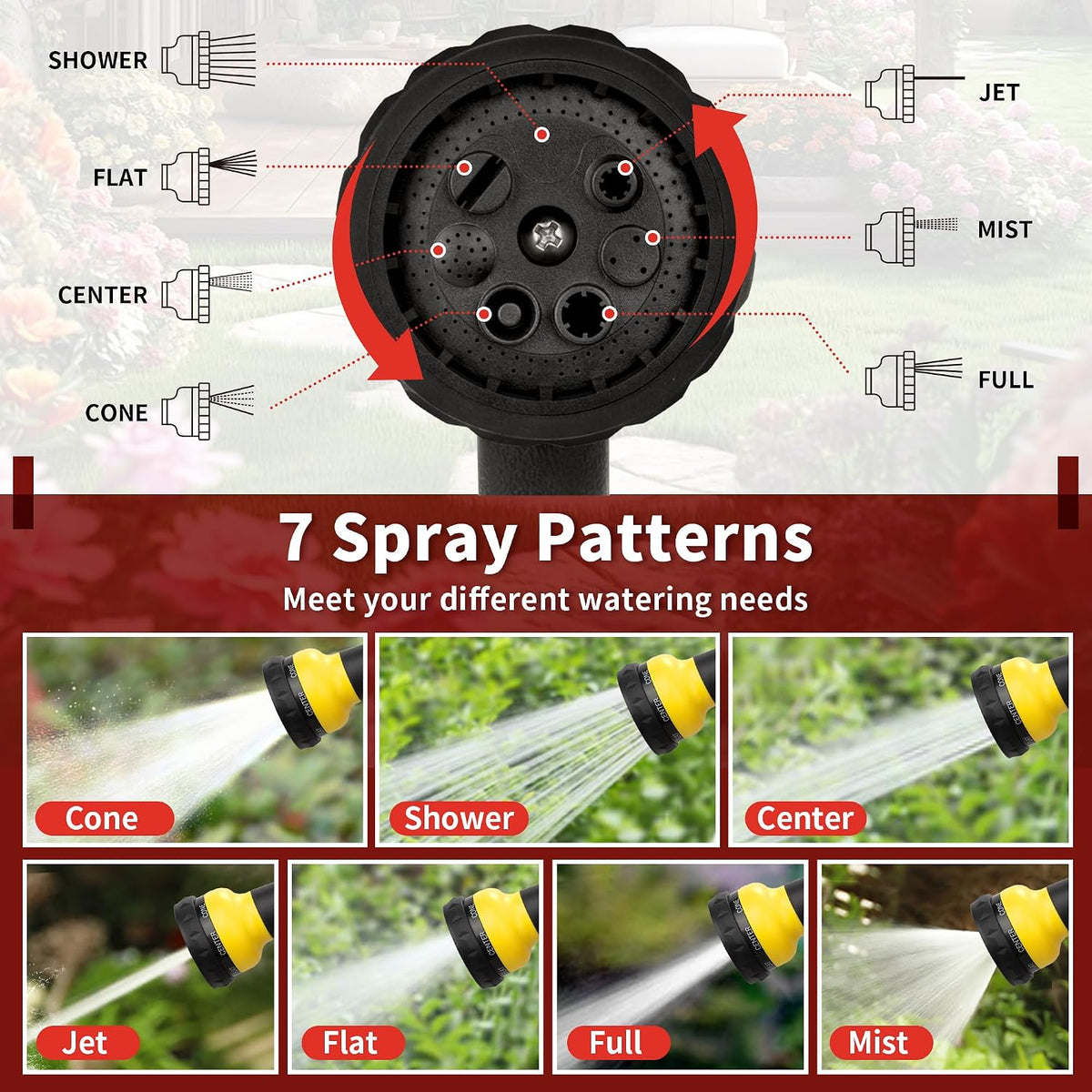 Garden Hose Nozzle Sprayer - 7 Adjustable Watering Patterns Nozzle for Water Hose, Non-Slip Garden Spray Nozzle Hose Attachment for Car Washing, Watering Plants, Pets Showering,Lawns Cleaning