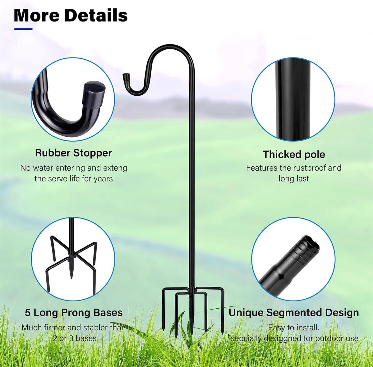 Shepherd Hooks for Outdoor, 1 Pack 62 Inch Bird Feeder Pole with 5 Prongs Base for Hanging Lantern, Hummingbird Feeder, Lightweight Plant, Shepherds Hook for Bird Feeders for Outside