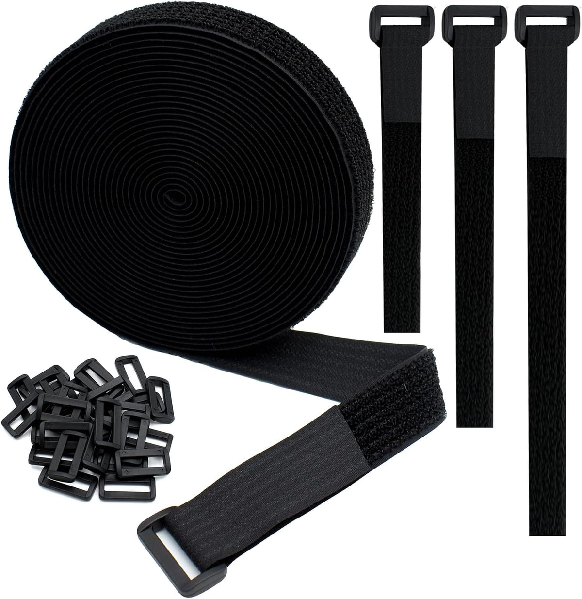 1"x20FT Hook and Loop Straps, with 30 Plastic Buckles, Adjustable Fastening Cable Straps, Cut-to-Length Cinch Strap, Reusable Nylon Securing Cord Ties for Organizer or Storage - Black