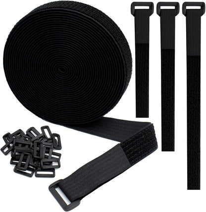 1"x20FT Hook and Loop Straps, with 30 Plastic Buckles, Adjustable Fastening Cable Straps, Cut-to-Length Cinch Strap, Reusable Nylon Securing Cord Ties for Organizer or Storage - Black