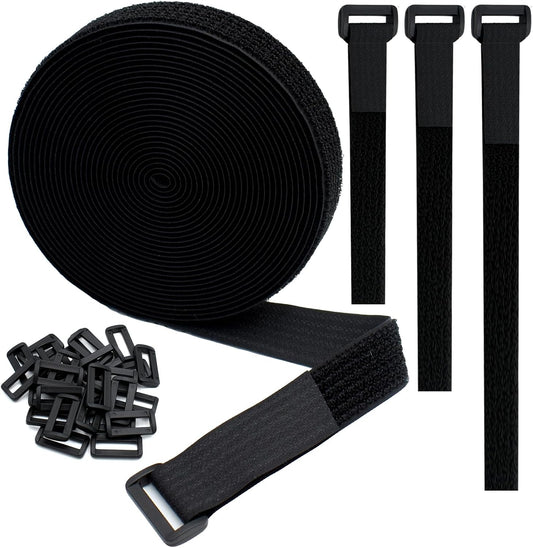 1"x20FT Hook and Loop Straps, with 30 Plastic Buckles, Adjustable Fastening Cable Straps, Cut-to-Length Cinch Strap, Reusable Nylon Securing Cord Ties for Organizer or Storage - Black