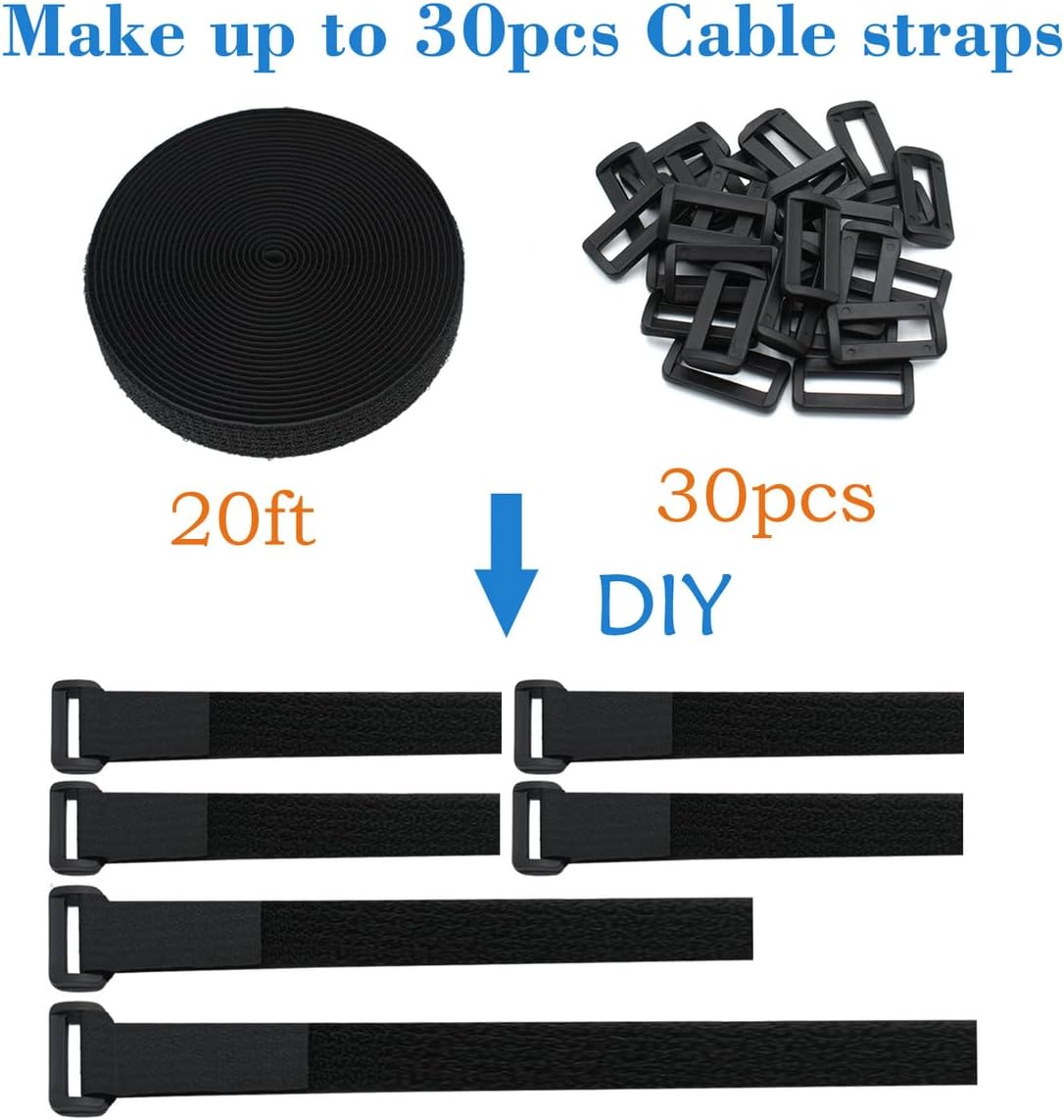 1"x20FT Hook and Loop Straps, with 30 Plastic Buckles, Adjustable Fastening Cable Straps, Cut-to-Length Cinch Strap, Reusable Nylon Securing Cord Ties for Organizer or Storage - Black