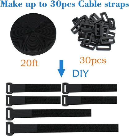 1"x20FT Hook and Loop Straps, with 30 Plastic Buckles, Adjustable Fastening Cable Straps, Cut-to-Length Cinch Strap, Reusable Nylon Securing Cord Ties for Organizer or Storage - Black