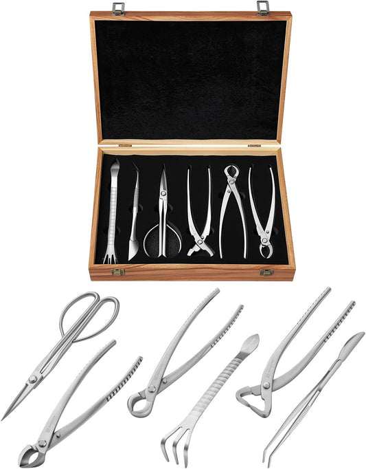 Bonsai Tool Set 6PCS with Wood Box, Stainless Steel Bonsai Tools