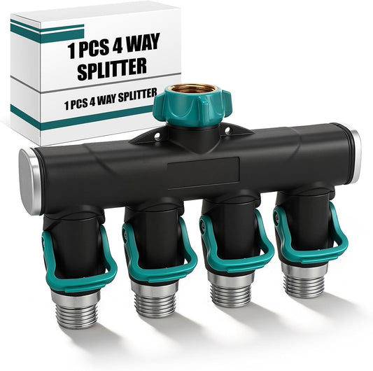 4 Way Garden Hose Splitter Metal Water Hose Splitter Connector 3/4" Us Standard, Heavy Duty Zinc Alloy Hoses Manifold, Easy Grip & Easy to Open, 4 High-volume Valves for Irrigation Lawn Garden