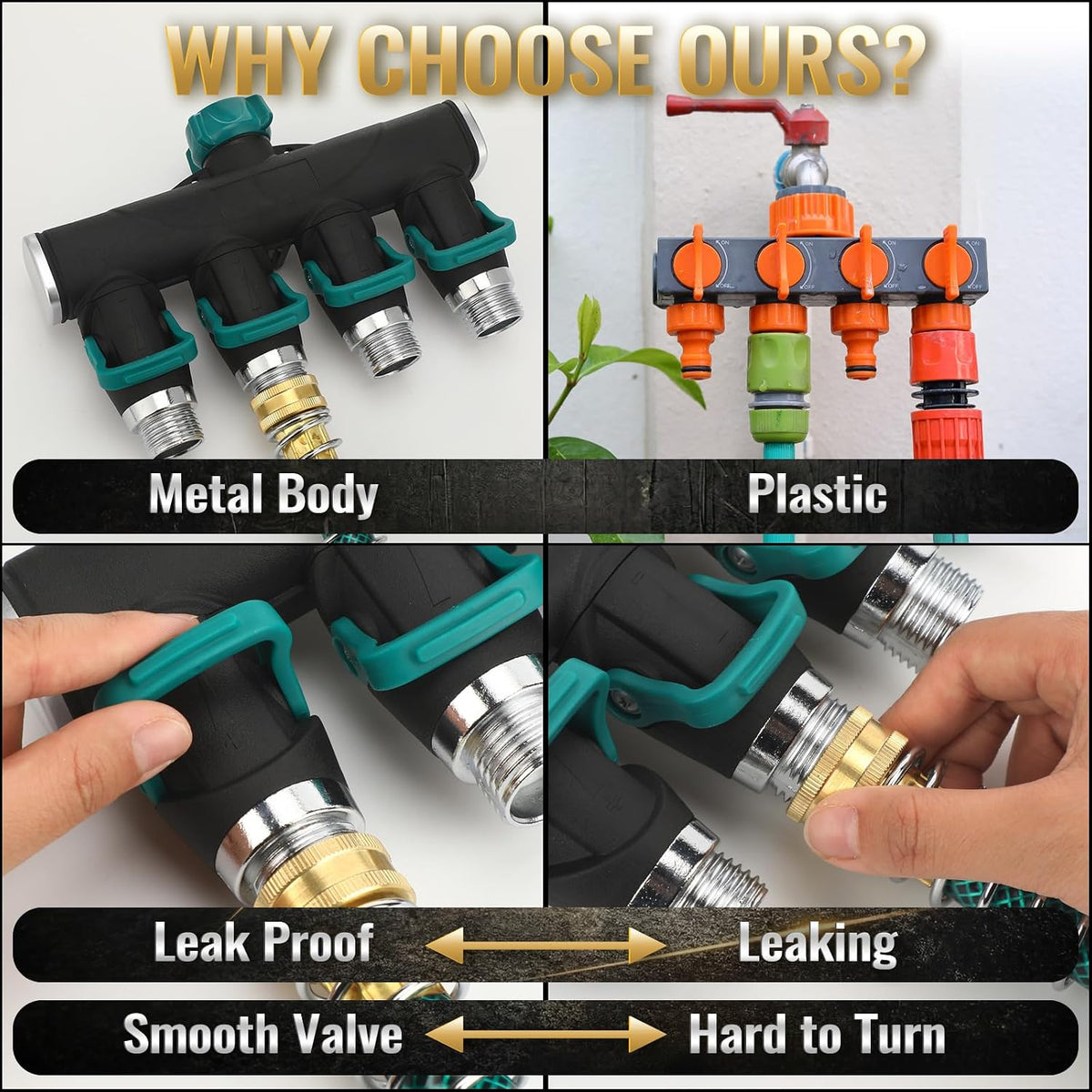 4 Way Garden Hose Splitter Metal Water Hose Splitter Connector 3/4" Us Standard, Heavy Duty Zinc Alloy Hoses Manifold, Easy Grip & Easy to Open, 4 High-volume Valves for Irrigation Lawn Garden