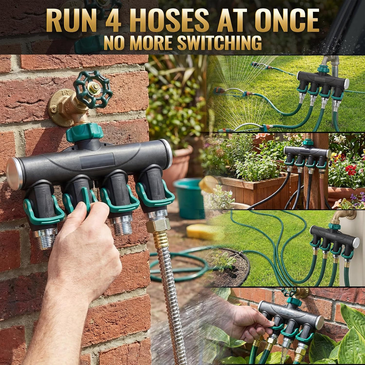 4 Way Garden Hose Splitter Metal Water Hose Splitter Connector 3/4" Us Standard, Heavy Duty Zinc Alloy Hoses Manifold, Easy Grip & Easy to Open, 4 High-volume Valves for Irrigation Lawn Garden