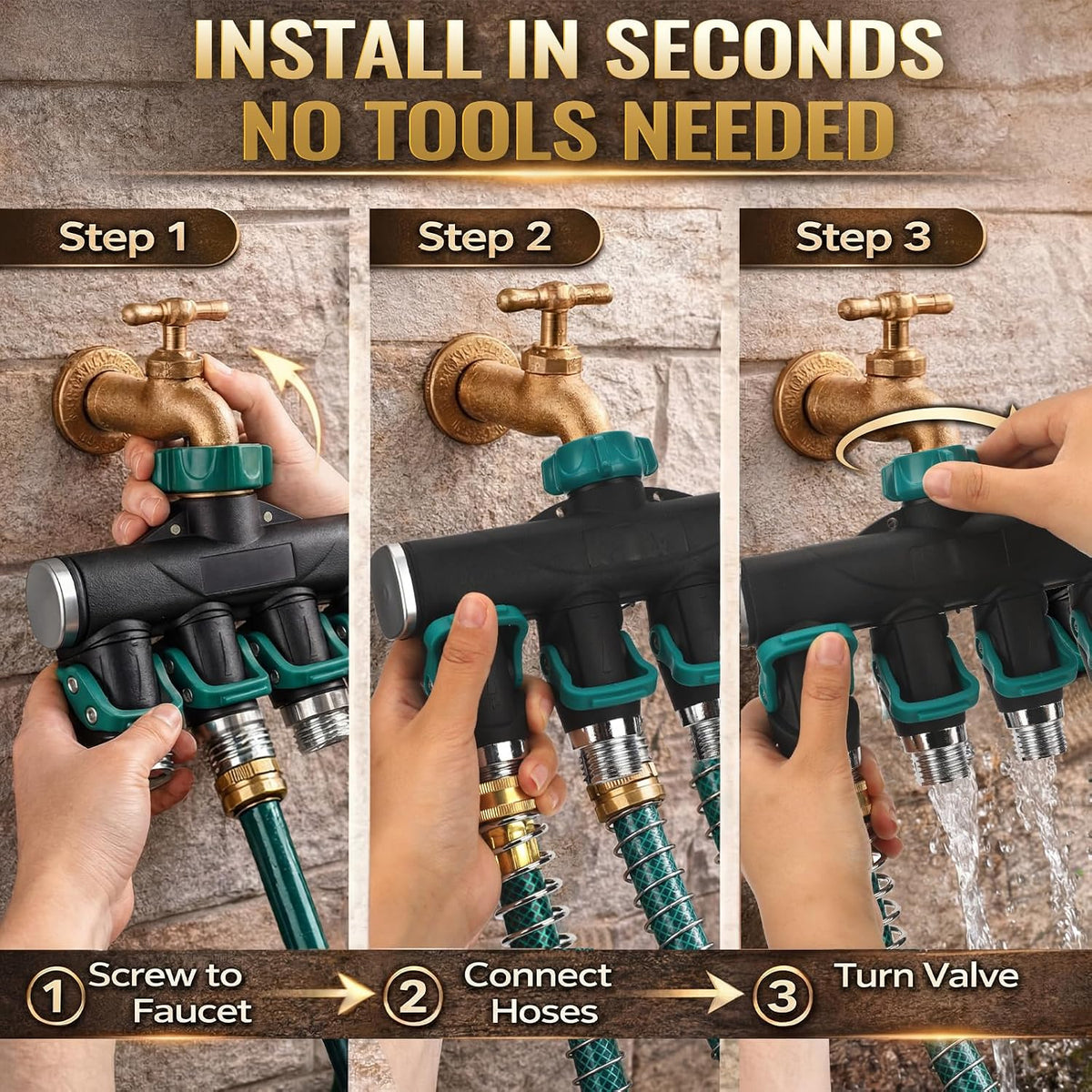 4 Way Garden Hose Splitter Metal Water Hose Splitter Connector 3/4" Us Standard, Heavy Duty Zinc Alloy Hoses Manifold, Easy Grip & Easy to Open, 4 High-volume Valves for Irrigation Lawn Garden