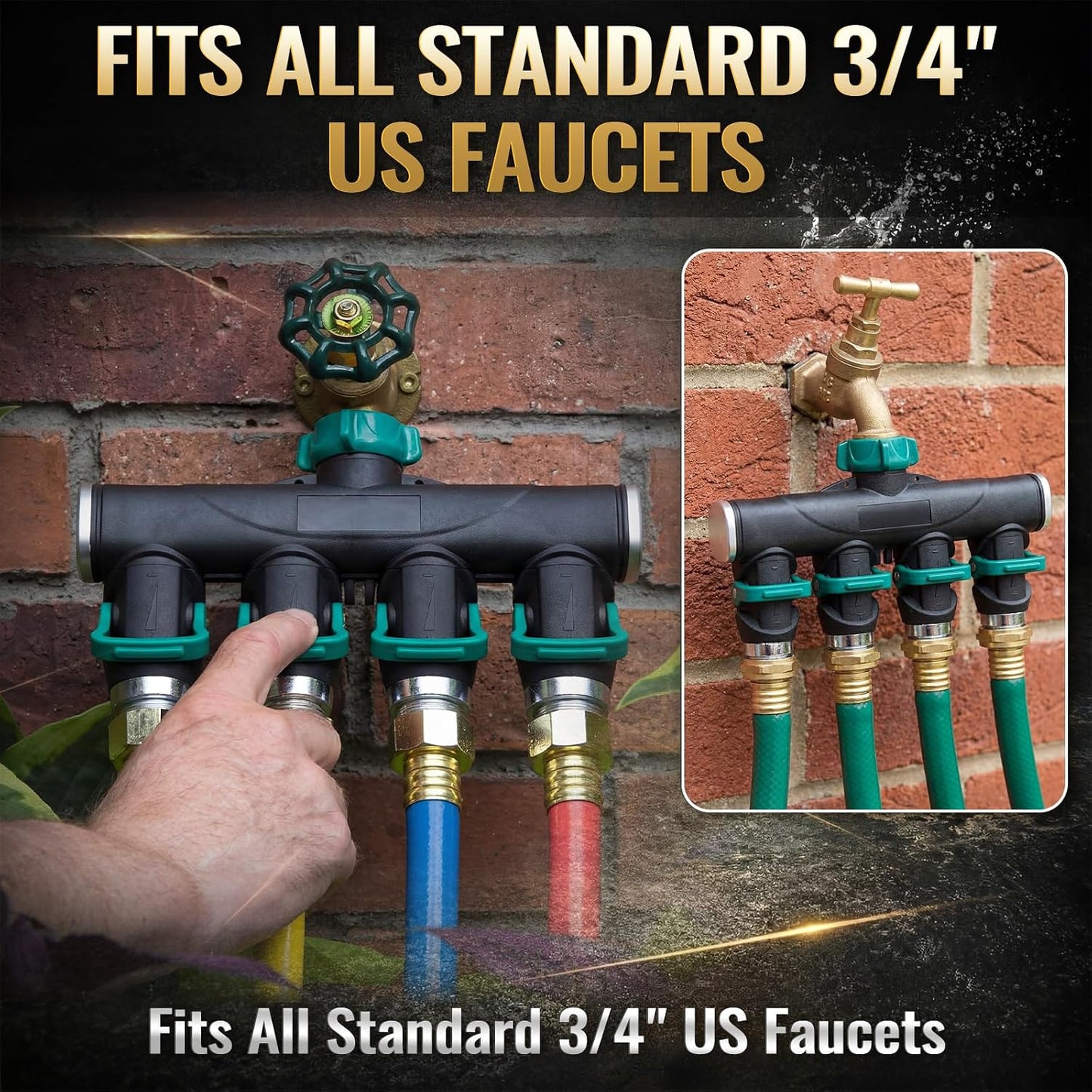 4 Way Garden Hose Splitter Metal Water Hose Splitter Connector 3/4" Us Standard, Heavy Duty Zinc Alloy Hoses Manifold, Easy Grip & Easy to Open, 4 High-volume Valves for Irrigation Lawn Garden