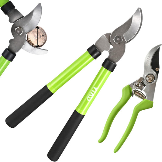2Pcs High Carbon Steel Bypass Hand Loppers & SK5 Pruning Shears Set