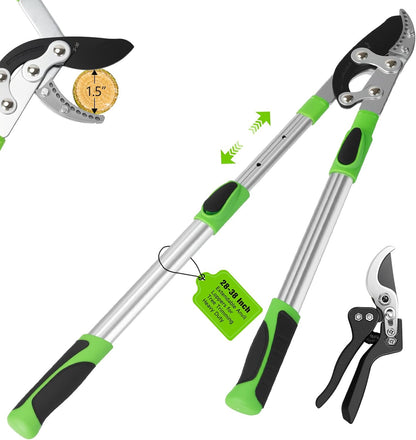 2Pcs High Carbon Steel Bypass Hand Loppers & SK5 Pruning Shears Set