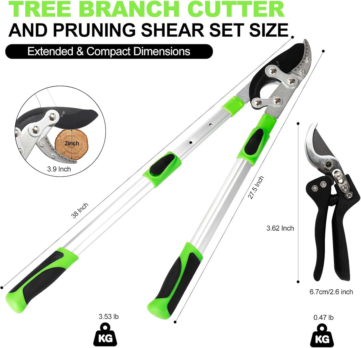 2Pcs High Carbon Steel Bypass Hand Loppers & SK5 Pruning Shears Set