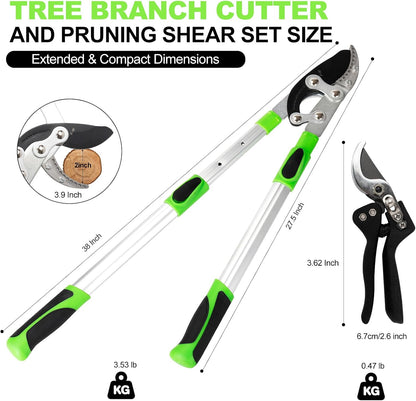 2Pcs High Carbon Steel Bypass Hand Loppers & SK5 Pruning Shears Set