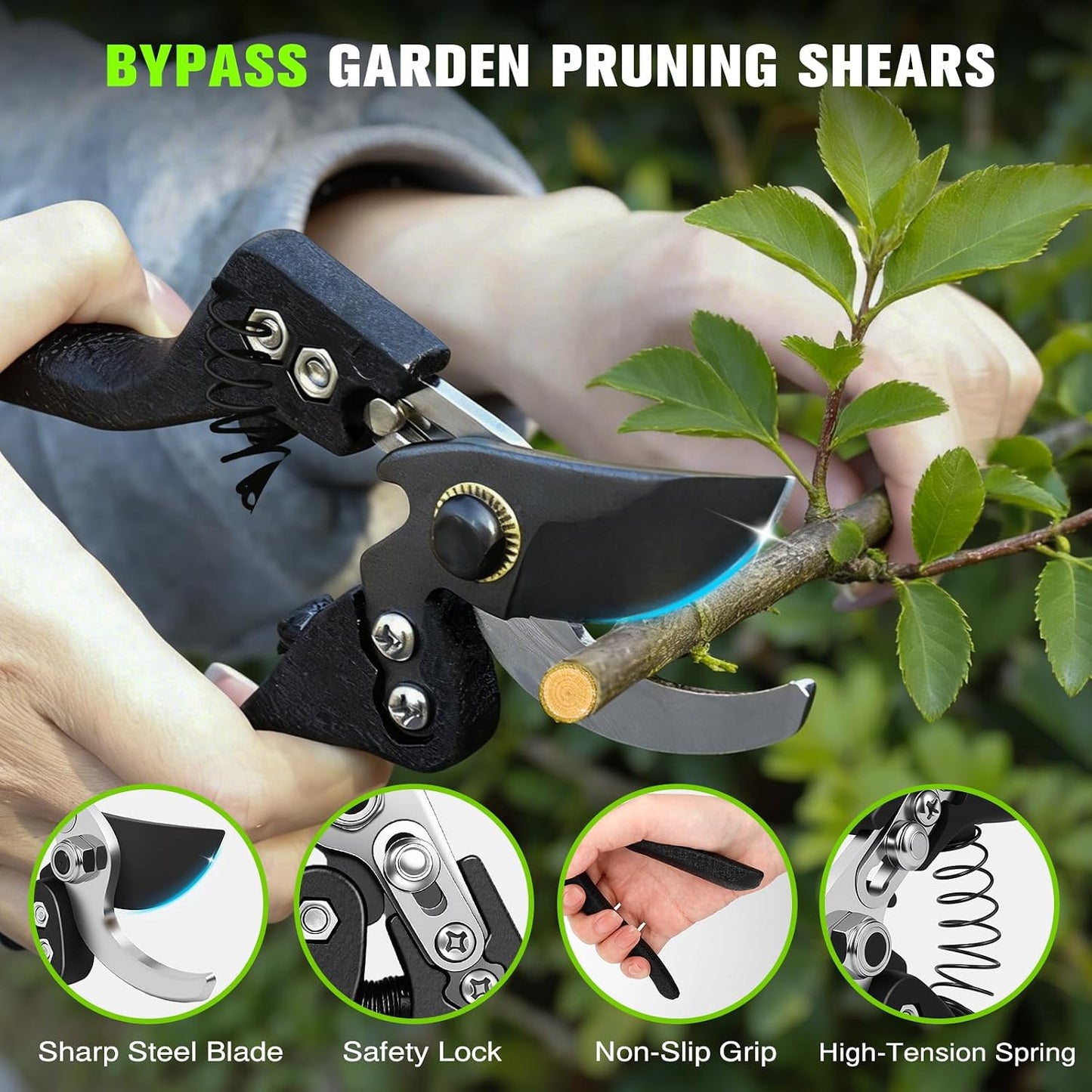 2Pcs High Carbon Steel Bypass Hand Loppers & SK5 Pruning Shears Set