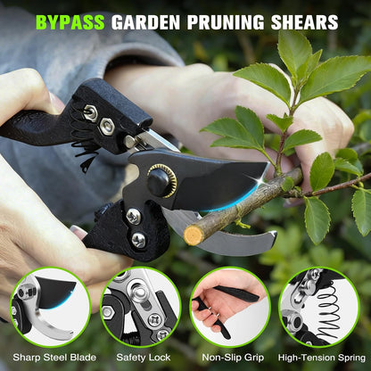 2Pcs High Carbon Steel Bypass Hand Loppers & SK5 Pruning Shears Set