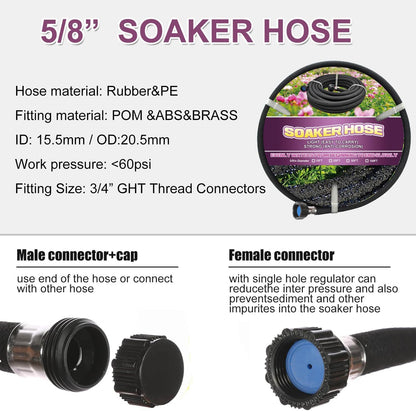 Soaker Hose 75ft - 5/8 Round Rubber Garden Soaker Hoses, Heavy Duty Irrigation Drip Hose, Water Seeper Soaking Hose for Gardens, Flower Beds And Lawn Yard