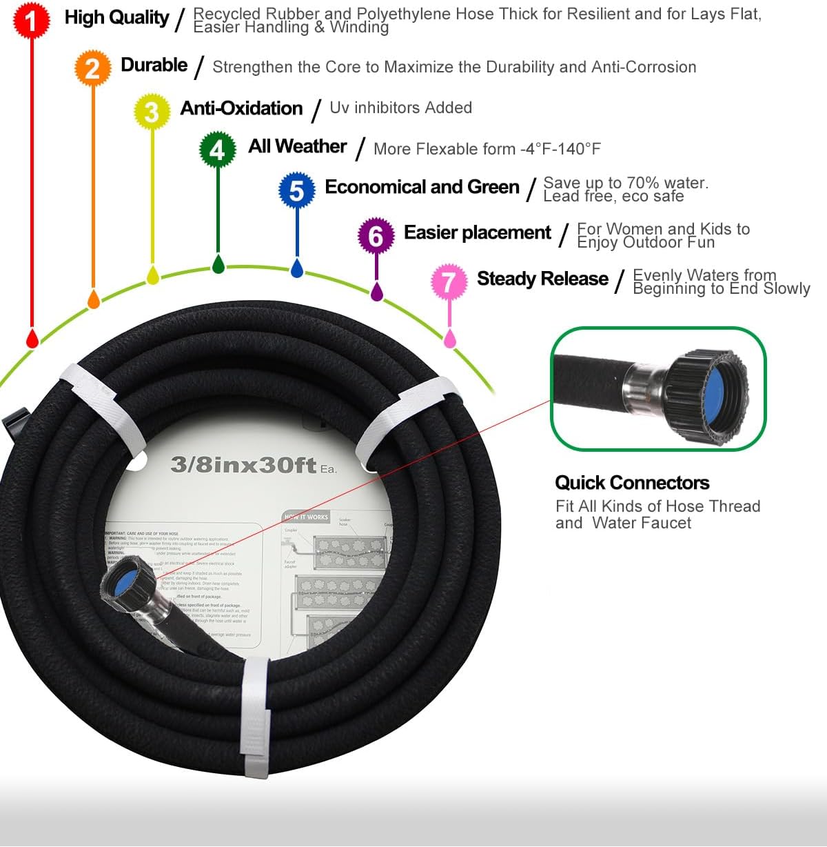 Soaker Hose 75ft - 5/8 Round Rubber Garden Soaker Hoses, Heavy Duty Irrigation Drip Hose, Water Seeper Soaking Hose for Gardens, Flower Beds And Lawn Yard
