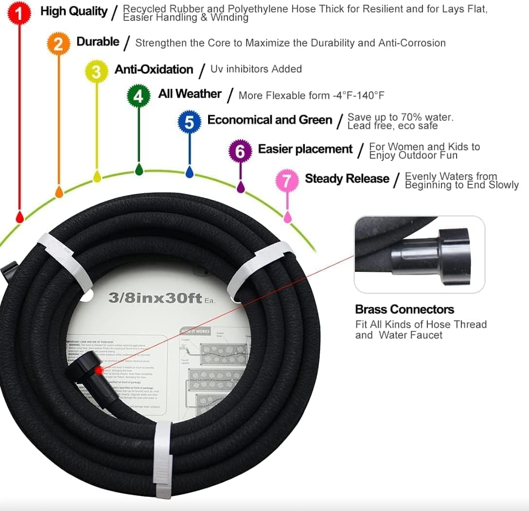 Soaker Hose 75ft - 5/8 Round Rubber Garden Soaker Hoses, Heavy Duty Irrigation Drip Hose, Water Seeper Soaking Hose for Gardens, Flower Beds And Lawn Yard