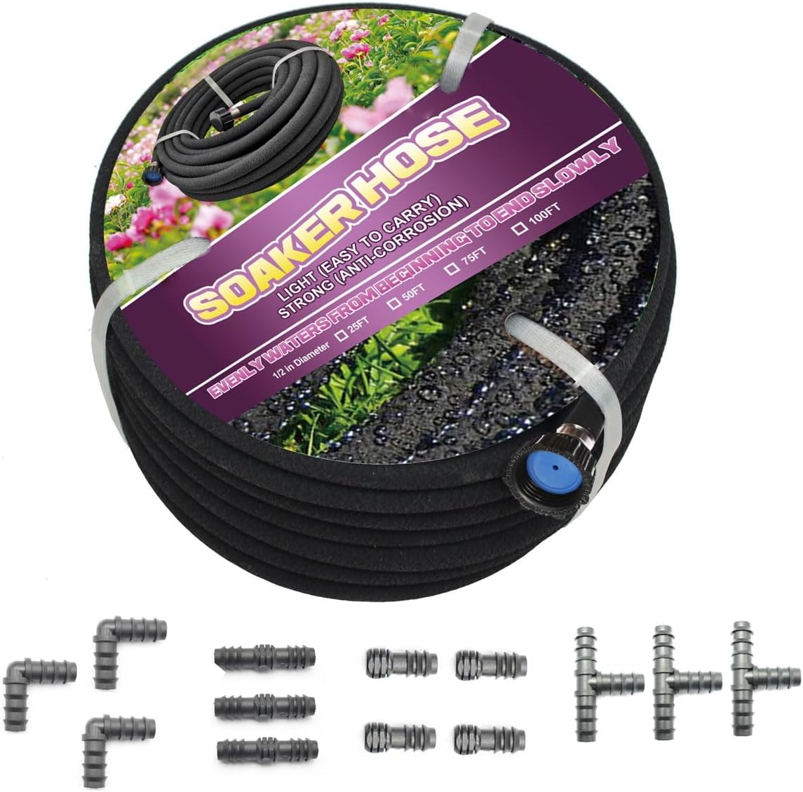 Soaker Hose 75ft - 5/8 Round Rubber Garden Soaker Hoses, Heavy Duty Irrigation Drip Hose, Water Seeper Soaking Hose for Gardens, Flower Beds And Lawn Yard