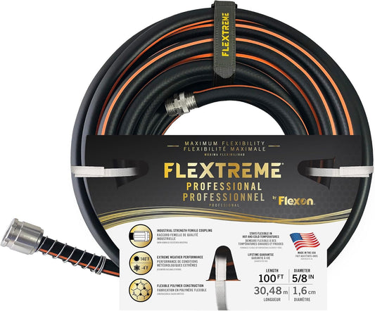 Flextreme Pro 5/8" x 100ft Performance Rubber Garden Hose – Heavy-Duty, Kink-Resistant, All-Weather Flexibility, Industrial-Grade Couplings, Durable Outdoor Watering Hose for Lawn & Garden
