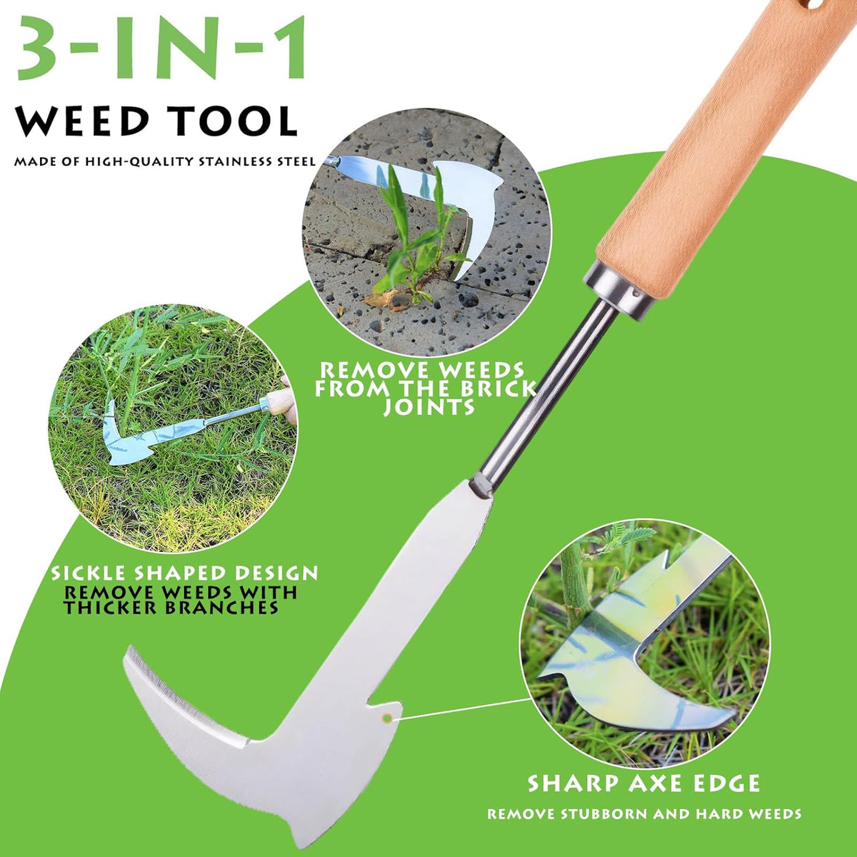 Crack Weeder, 12" Stainless Steel Crevice Weeding Tool with Wood Handle, Axe-Shaped Side-Walk Weed Puller Spatula, for Garden Lawn Yard Patio Terrace Paving Moss, Small Gardening Tool
