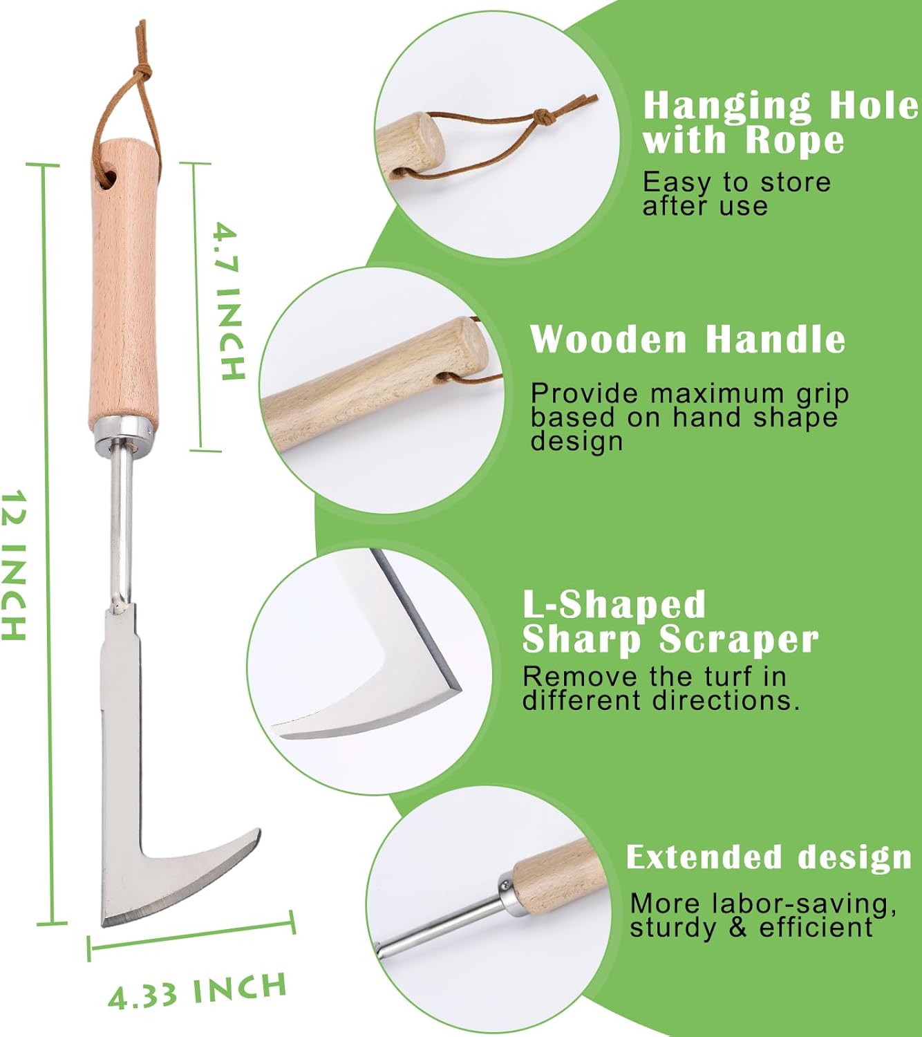 Crack Weeder, 12" Stainless Steel Crevice Weeding Tool with Wood Handle, Axe-Shaped Side-Walk Weed Puller Spatula, for Garden Lawn Yard Patio Terrace Paving Moss, Small Gardening Tool