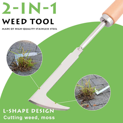 Crack Weeder, 12" Stainless Steel Crevice Weeding Tool with Wood Handle, Axe-Shaped Side-Walk Weed Puller Spatula, for Garden Lawn Yard Patio Terrace Paving Moss, Small Gardening Tool