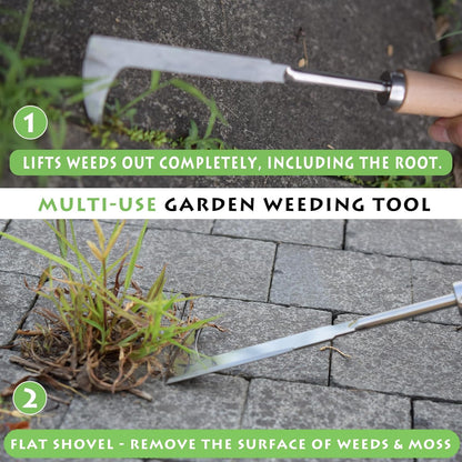 Crack Weeder, 12" Stainless Steel Crevice Weeding Tool with Wood Handle, Axe-Shaped Side-Walk Weed Puller Spatula, for Garden Lawn Yard Patio Terrace Paving Moss, Small Gardening Tool